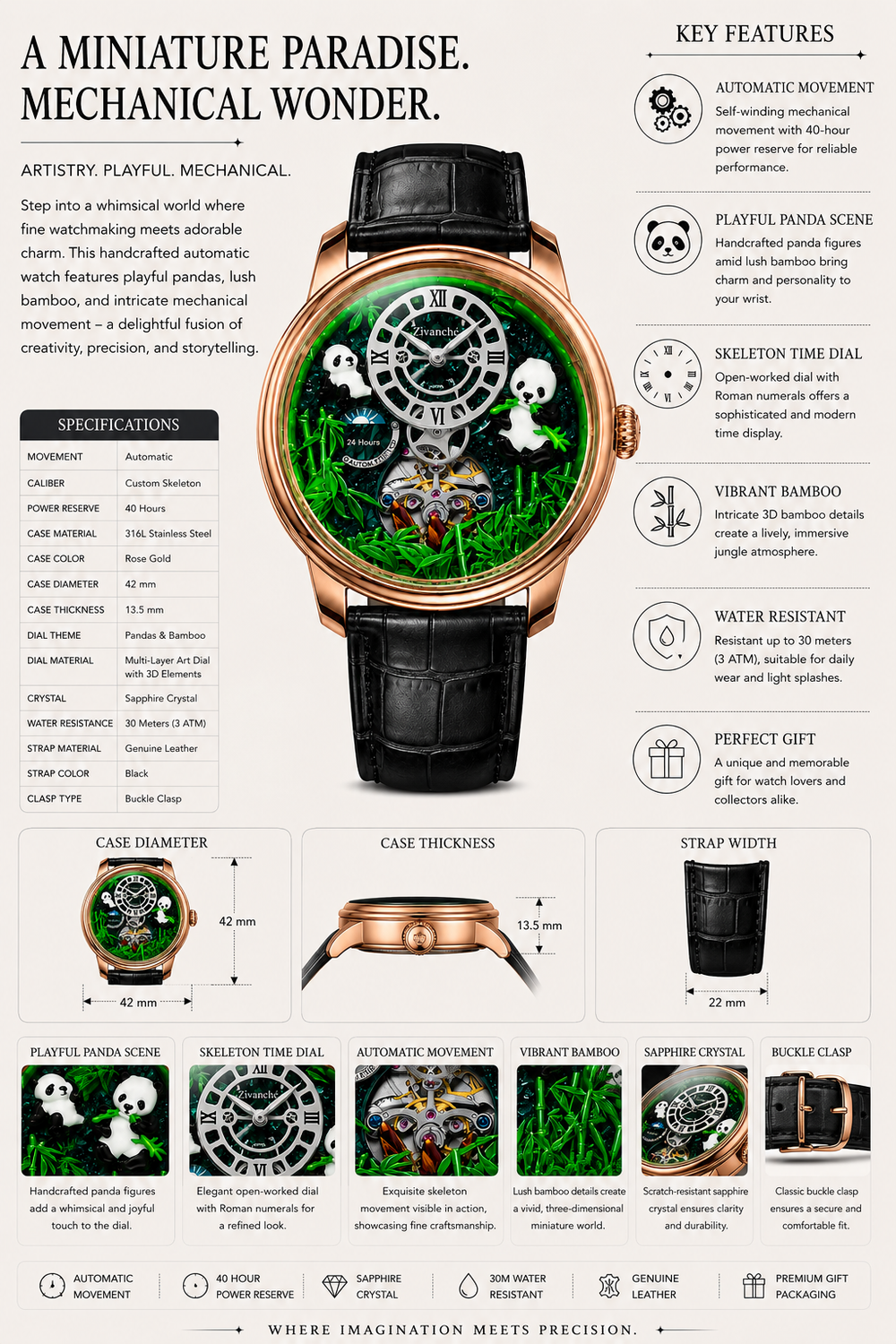 PandaVerse | Nature-Inspired Rose Gold Black | Fully Automatic Watch (42637478)