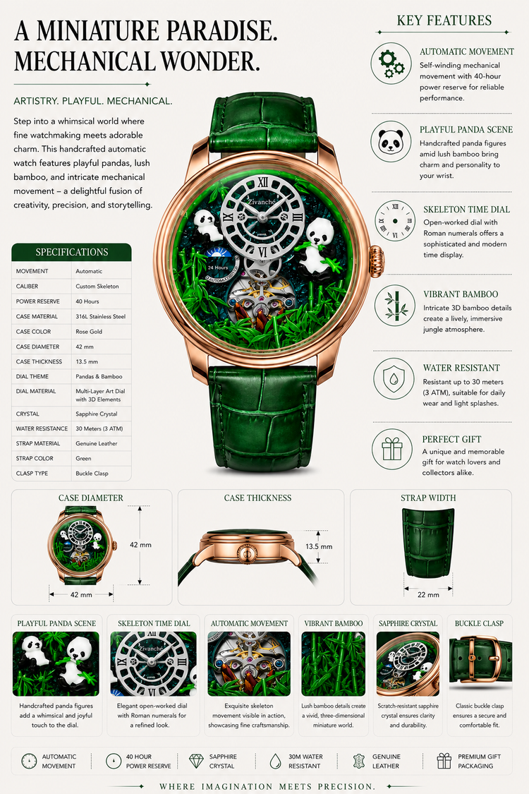 PandaVerse | Nature-Inspired Rose Gold Green | Fully Automatic Watch - (ZIVROPDVSGR0147)
