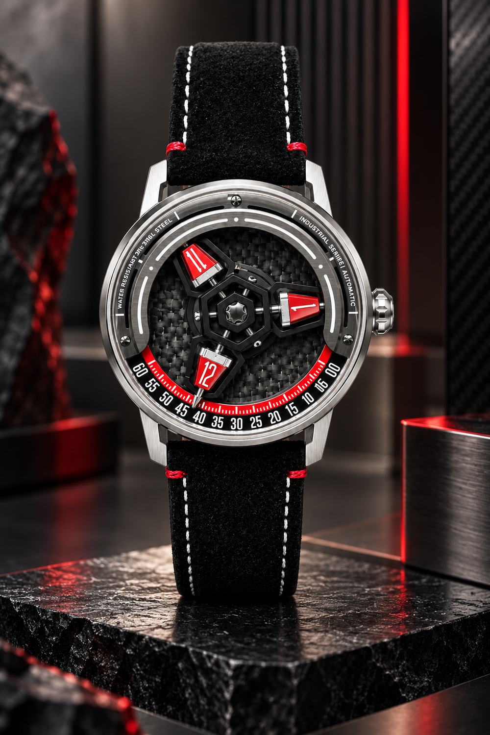 Luxury Carbon Steel Red Accent Skeleton Automatic Watch