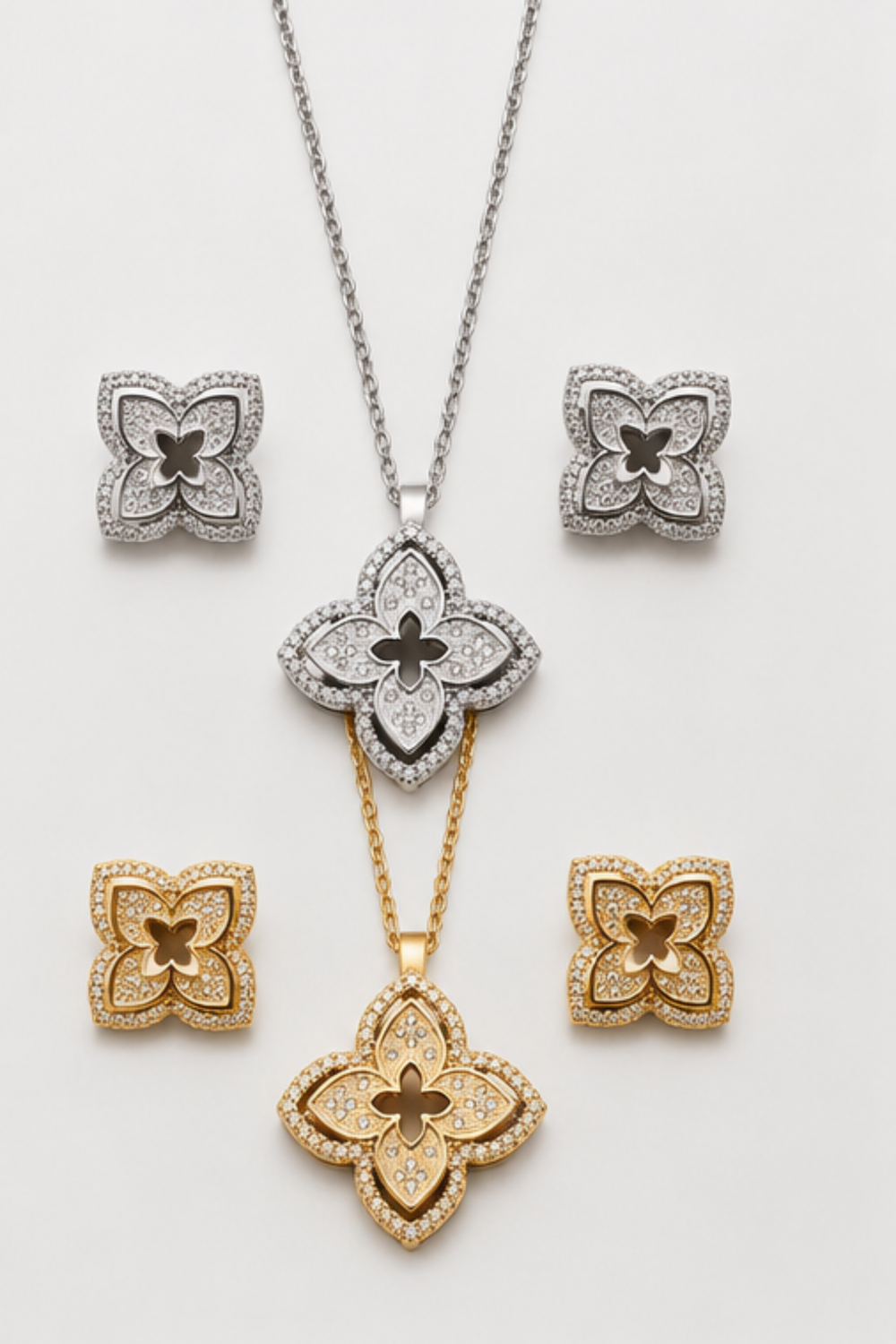 Clover Blossom Dual Tone Earring & Necklace Set