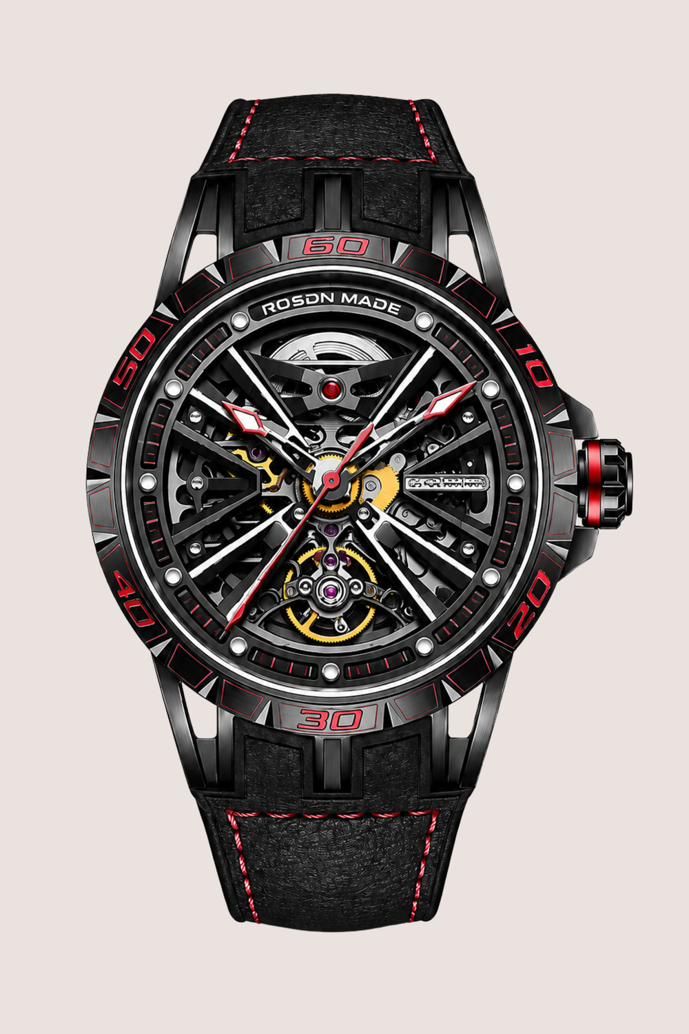 Dual Force ROSON Black & Red Skeleton Sport Chrono Watch
