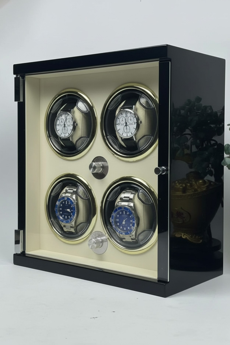 Elite Glossy Black Exterior with Ivory Interior & Gold Accents 4-Slot Automatic Watch Winder Box