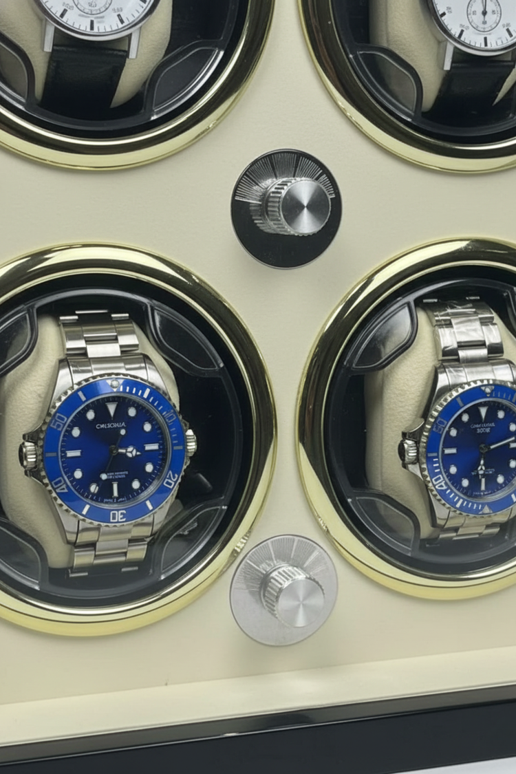 Elite Glossy Black Exterior with Ivory Interior & Gold Accents 4-Slot Automatic Watch Winder Box