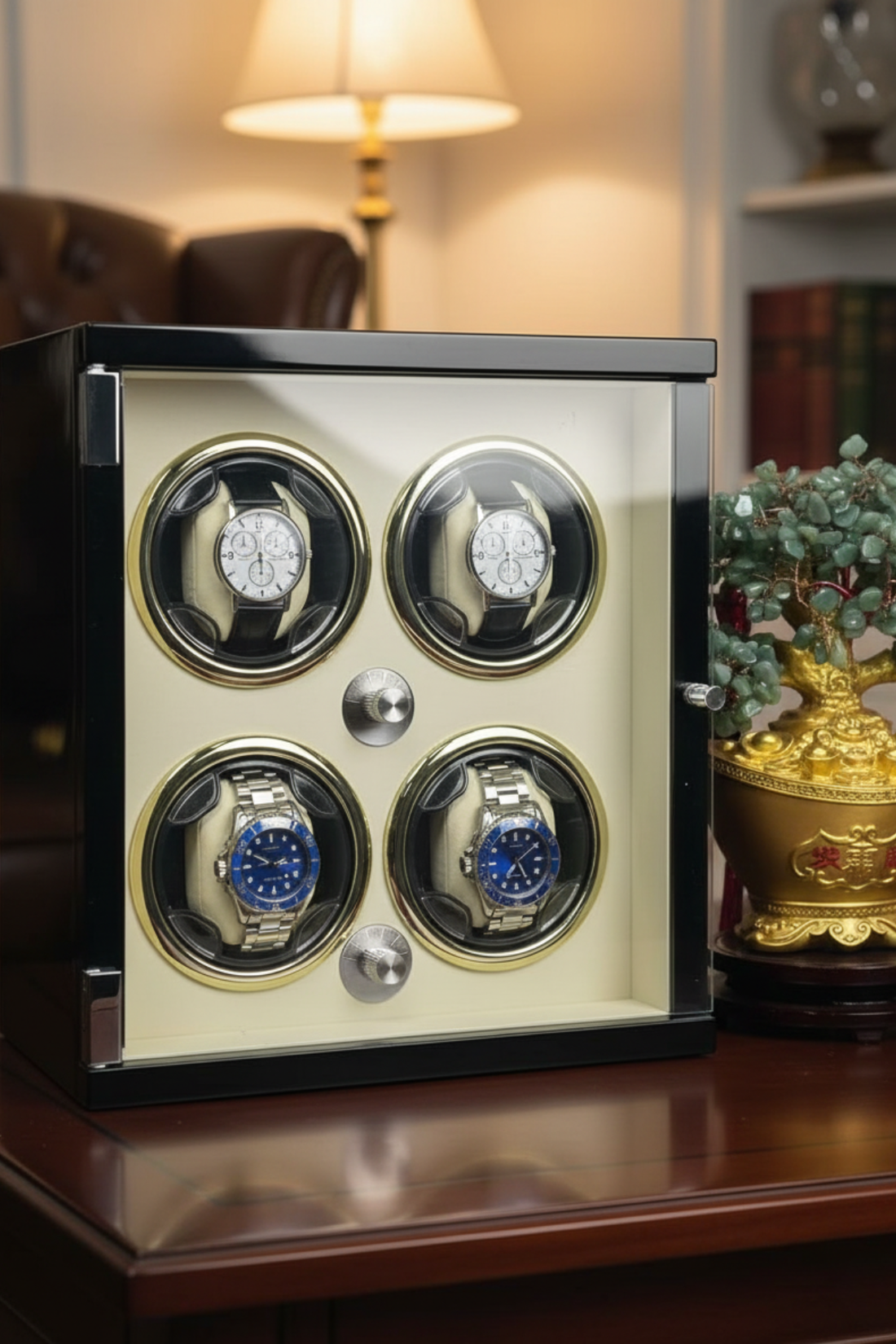 Elite Glossy Black Exterior with Ivory Interior & Gold Accents 4-Slot Automatic Watch Winder Box