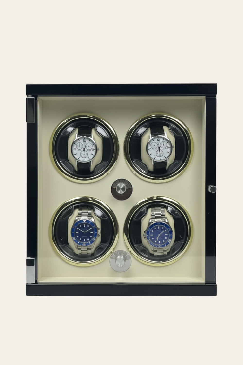 Elite Glossy Black Exterior with Ivory Interior & Gold Accents 4-Slot Automatic Watch Winder Box