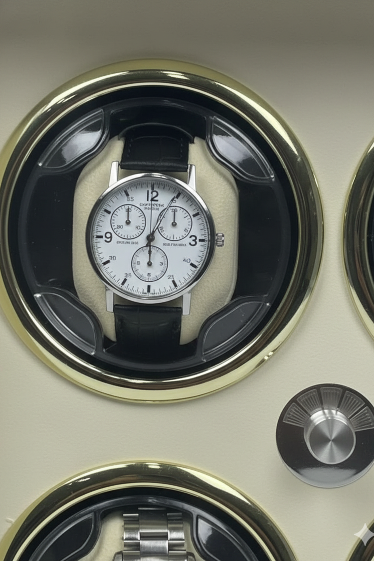 Elite Glossy Black Exterior with Ivory Interior & Gold Accents 4-Slot Automatic Watch Winder Box