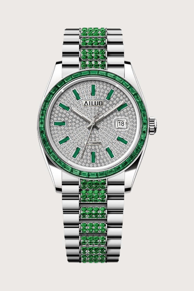 Emerald Grace | Ailuo Silver Green Diamond Automatic Watch (44222618)