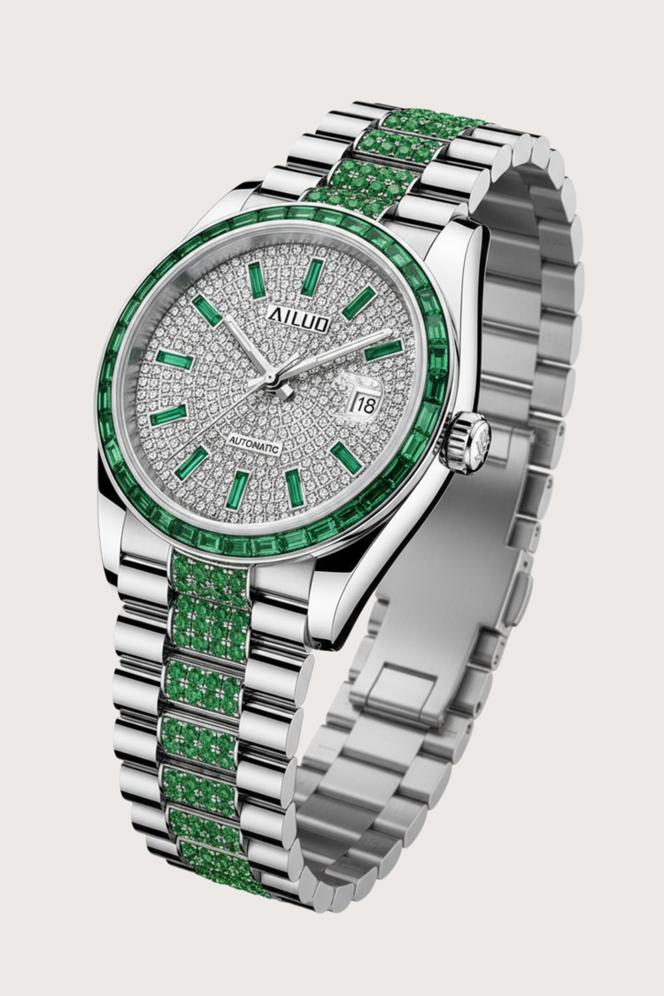 Emerald Grace | Ailuo Silver Green Diamond Automatic Watch (44222618)