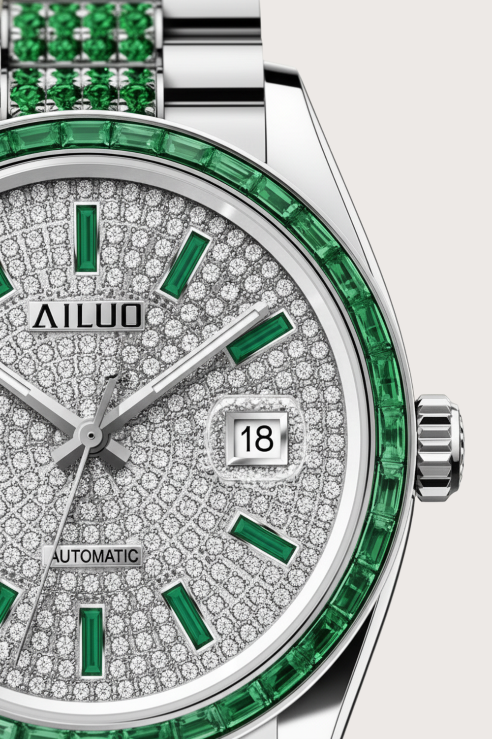 Emerald Grace | Ailuo Silver Green Diamond Automatic Watch (44222618)