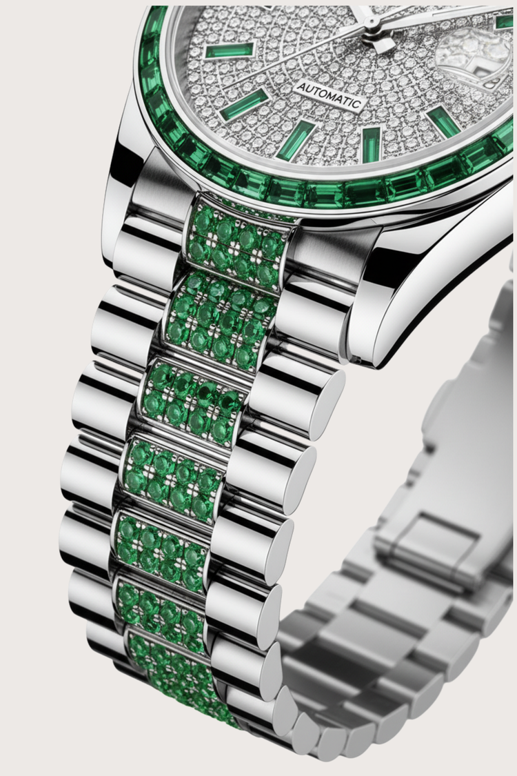 Emerald Grace | Ailuo Silver Green Diamond Automatic Watch (44222618)