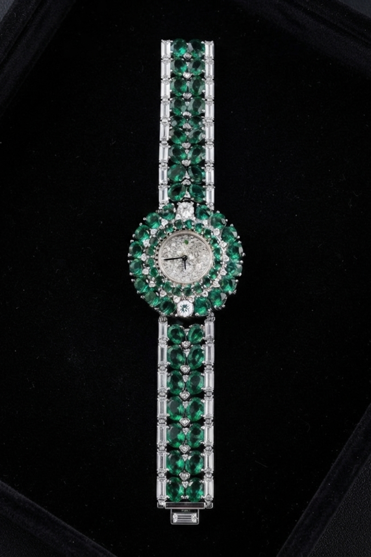 Emerald Radiance Diamond Halo Luxury Bracelet Watch