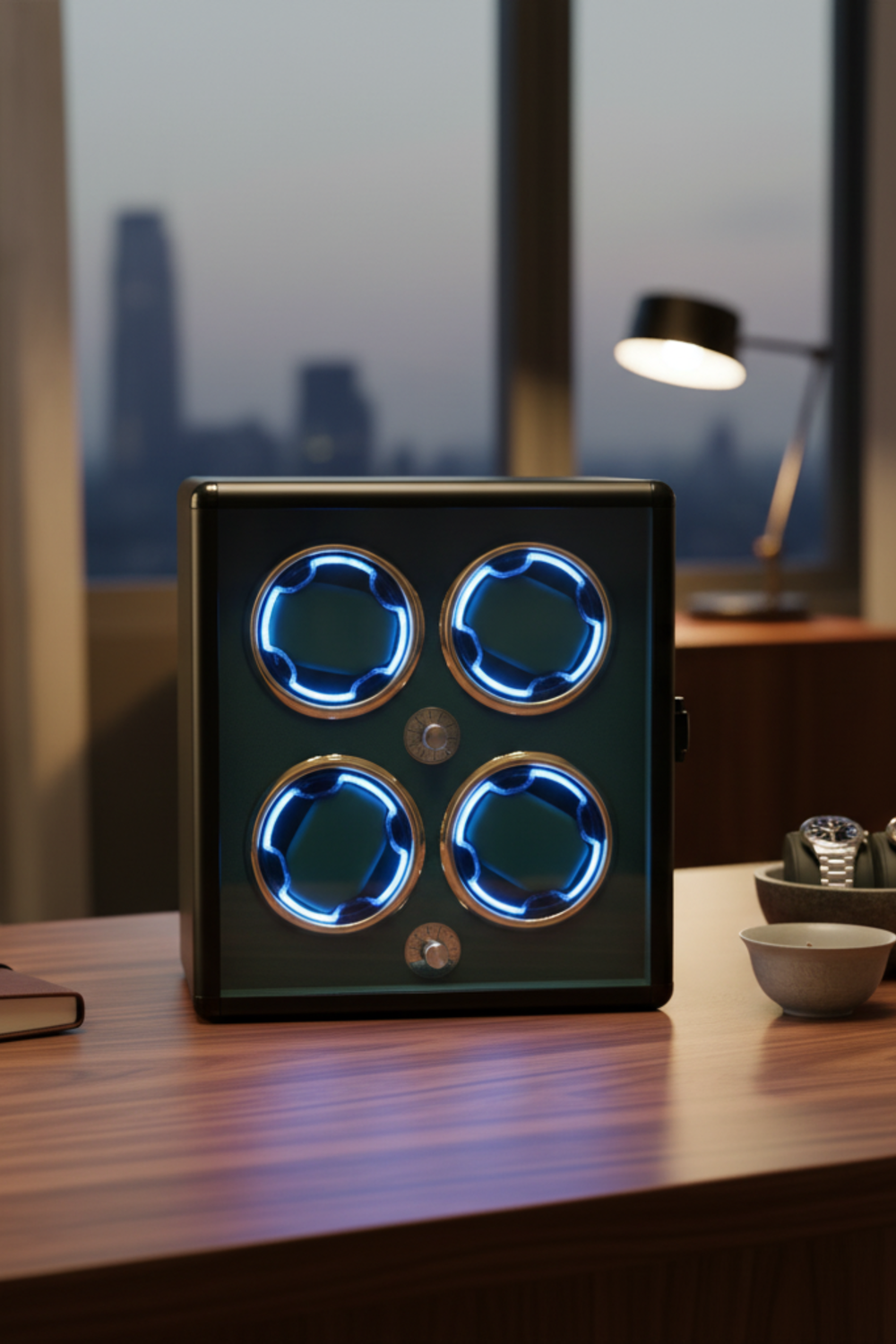 Emerald Deep Emerald Green with Gold Accents & Blue LED Illumination Vault 4-Slot Automatic Watch Winder – Luxe Edition
