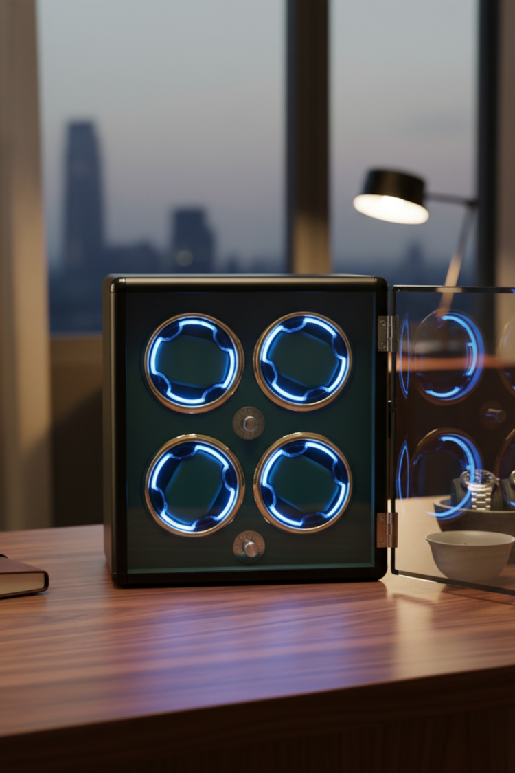 Emerald Deep Emerald Green with Gold Accents & Blue LED Illumination Vault 4-Slot Automatic Watch Winder – Luxe Edition