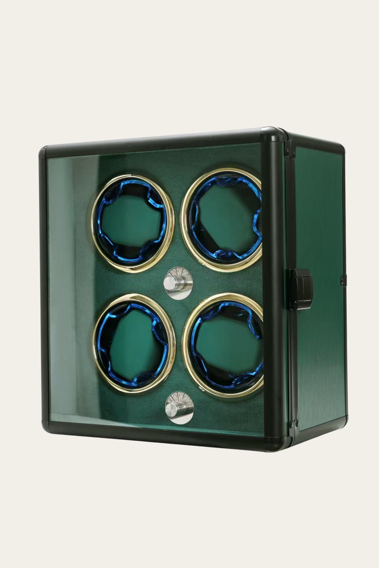 Emerald Deep Emerald Green with Gold Accents & Blue LED Illumination Vault 4-Slot Automatic Watch Winder – Luxe Edition