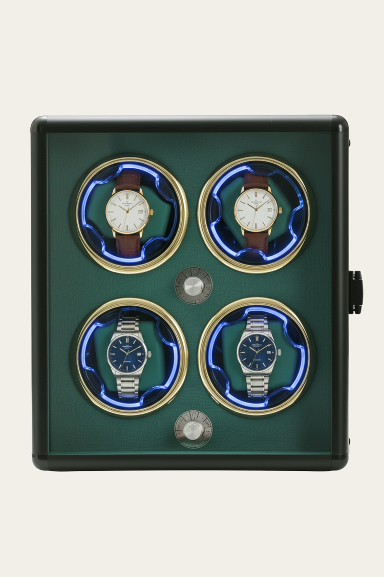 Emerald Deep Emerald Green with Gold Accents & Blue LED Illumination Vault 4-Slot Automatic Watch Winder – Luxe Edition