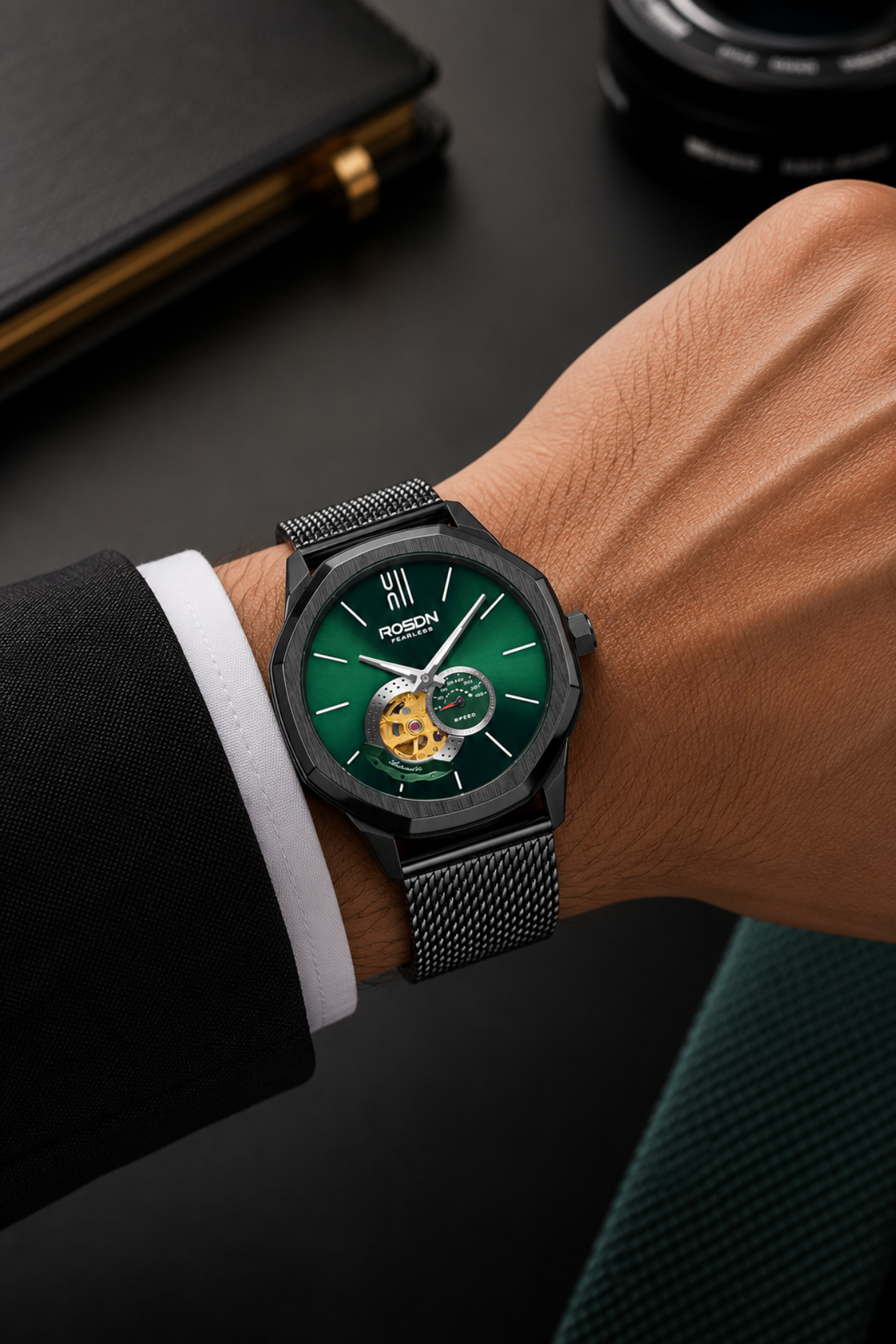 Fearless Edition Milanese Mesh Bracelet Black Automatic Watch - Green