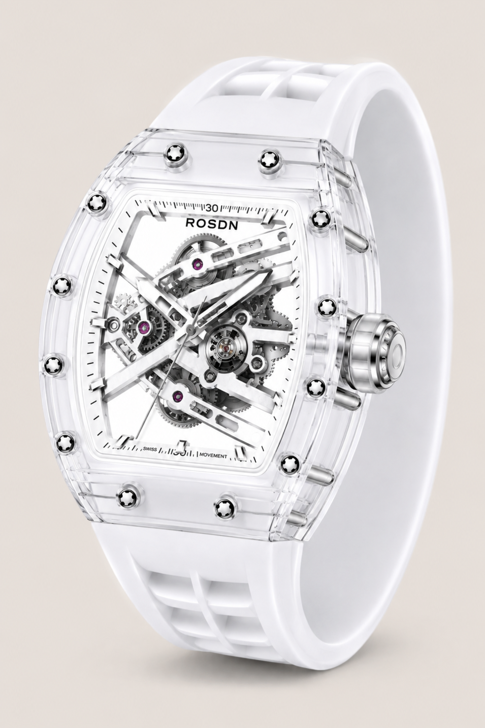 Gear Sapphire ROSON White Leather Strap Mechanical Watch