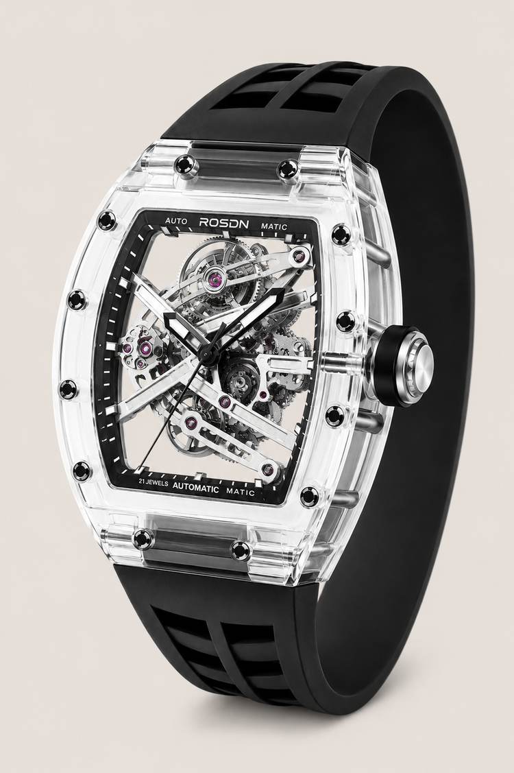 Gear Sapphire ROSON Black Leather Strap Mechanical Watch