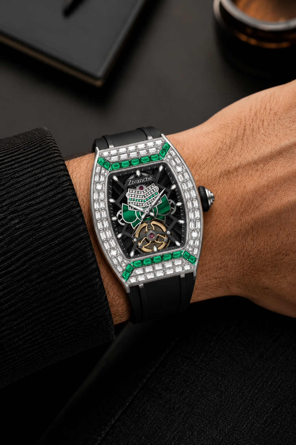 Gemstone Edition Luxury Skeleton Zivanche  Watch - Black & Green