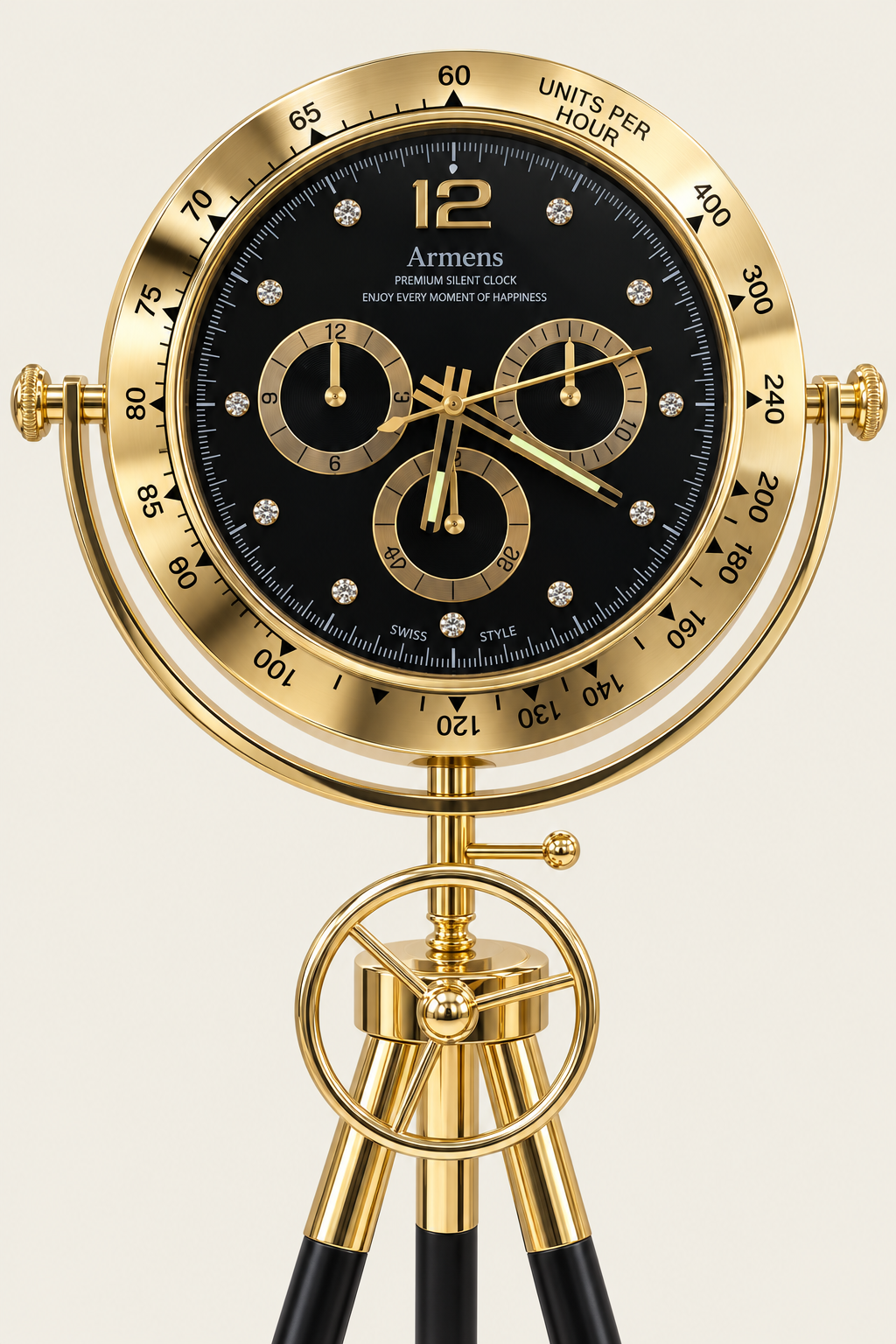 Tachymeter Black & Gold Luxury Tripod Floor Clock