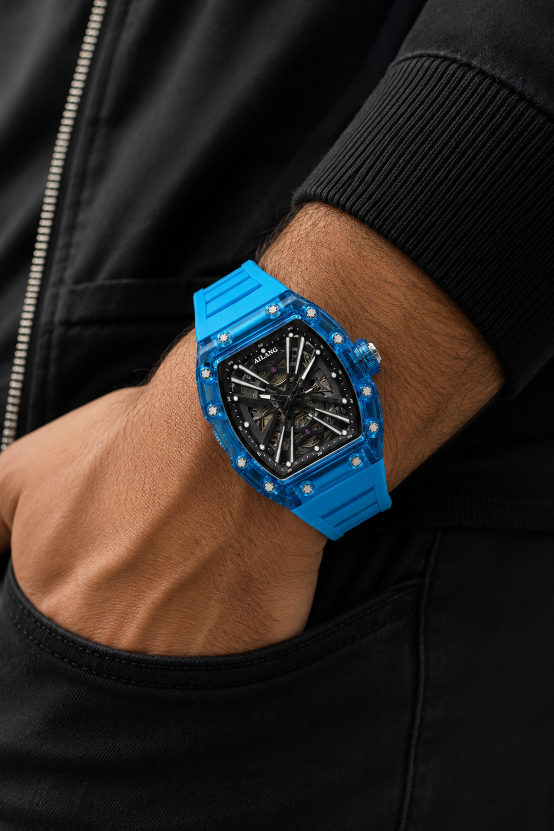 Hollow Dial Transparent Blue Skeleton Tonneau Quartz Watch (44219696)