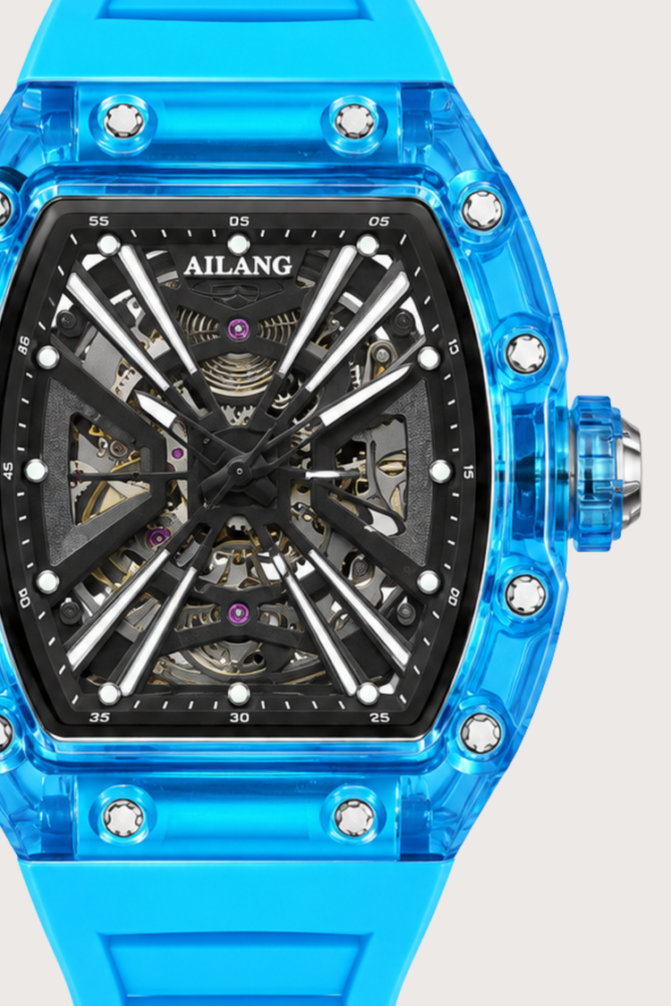Hollow Dial Transparent Blue Skeleton Tonneau Quartz Watch (44219696)