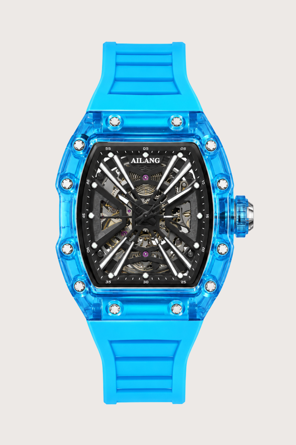 Hollow Dial Transparent Blue Skeleton Tonneau Quartz Watch (44219696)