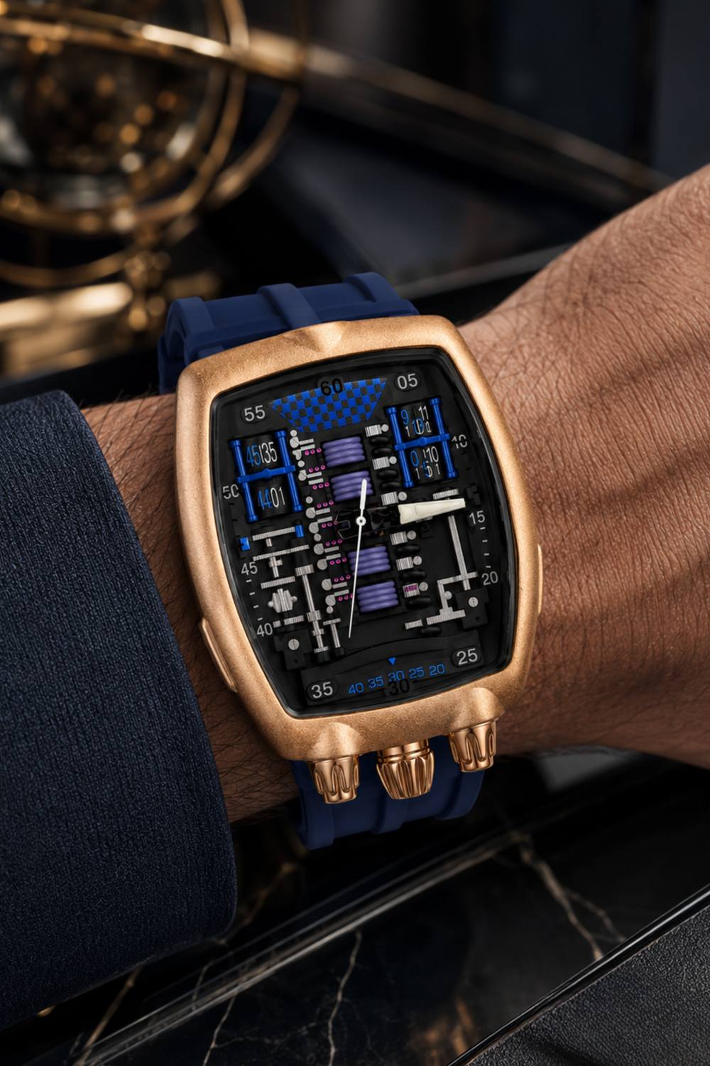 Hypercar Engine Inspired Luxury Rosegold & Blue Quartz Watch (43522422)