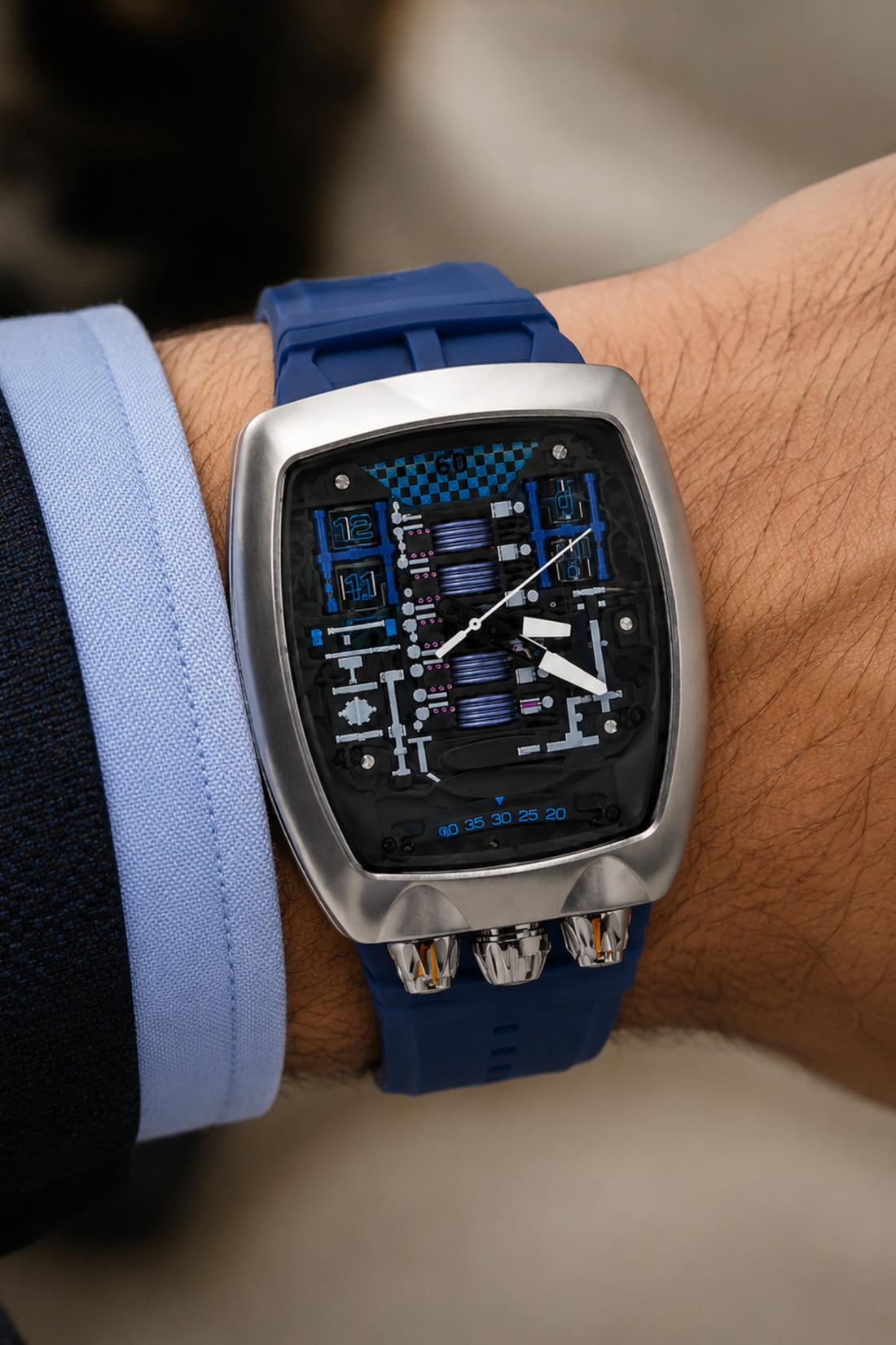 Hypercar Engine Inspired Luxury Silver & Blue Quartz Watch (43522449)