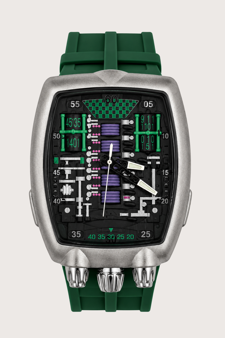 Hypercar Engine Inspired Luxury Silver & Green Quartz Watch (44219713)