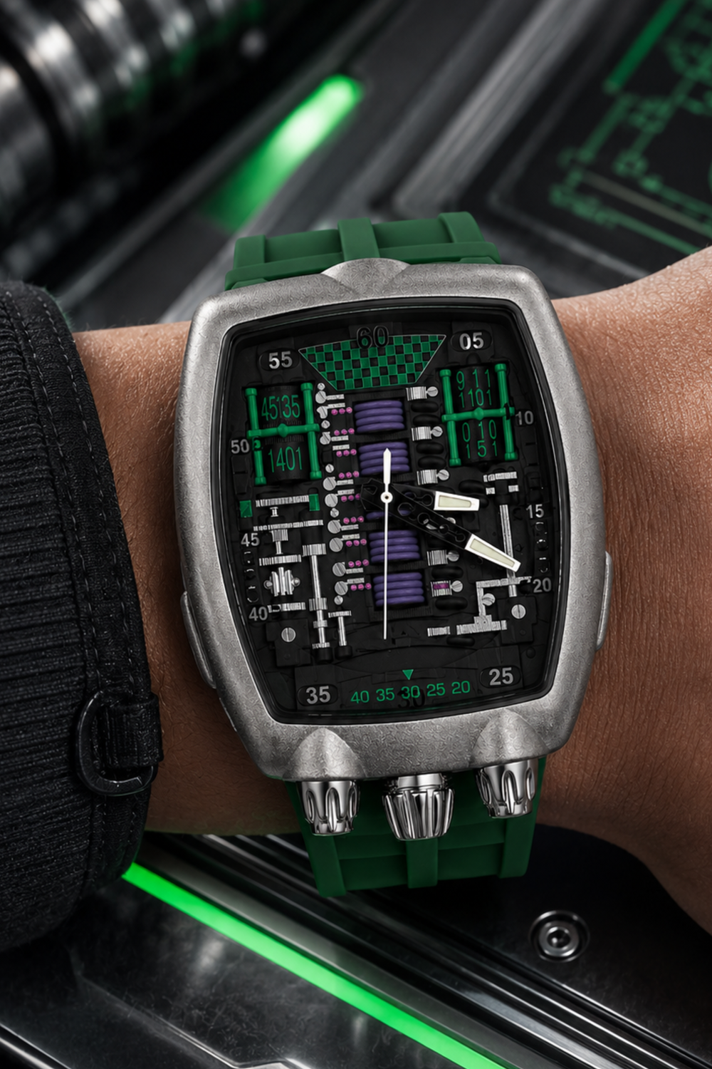 Hypercar Engine Inspired Luxury Silver & Green Quartz Watch (44219713)