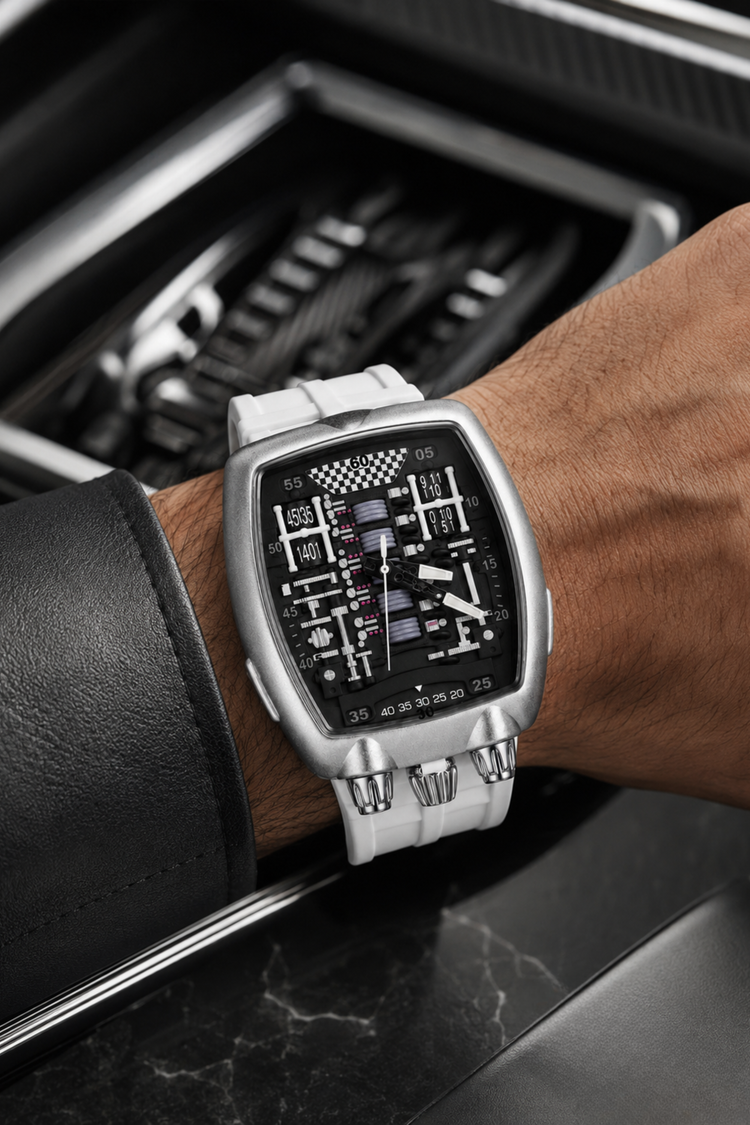 Hypercar Engine Inspired Luxury Silver & White Quartz Watch (43522427)