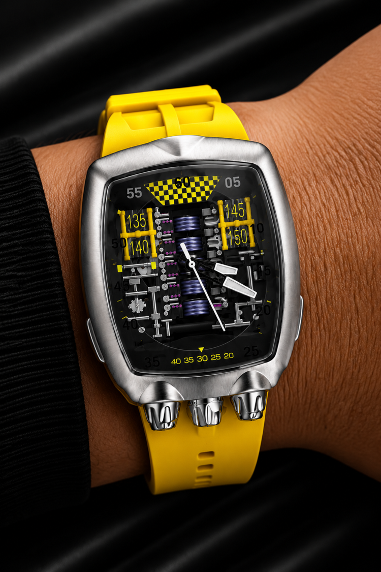 Hypercar Engine Inspired Luxury Silver & Yellow Quartz Watch (44219706)
