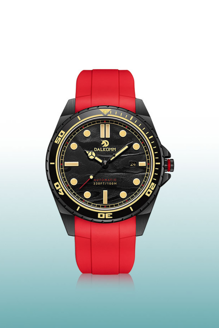 King Kong Series High-end Men's Automatic Black Analog with Gold-accented Tick Detailing Striking Red Strap Diver Watch