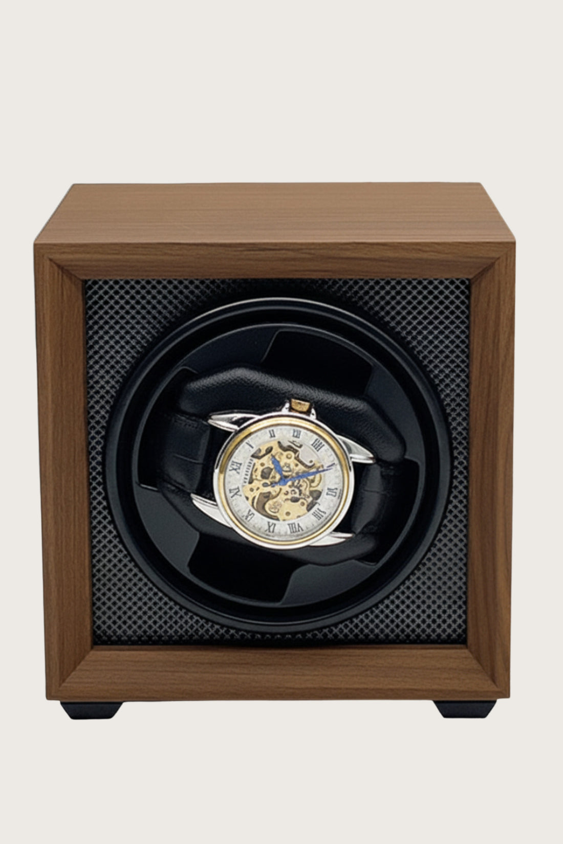 Noir Wood Single Watch Winder with Red Interior & Skeleton Display