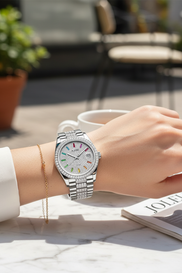 Ice Royale | Ailuo Silver Diamond Automatic Watch