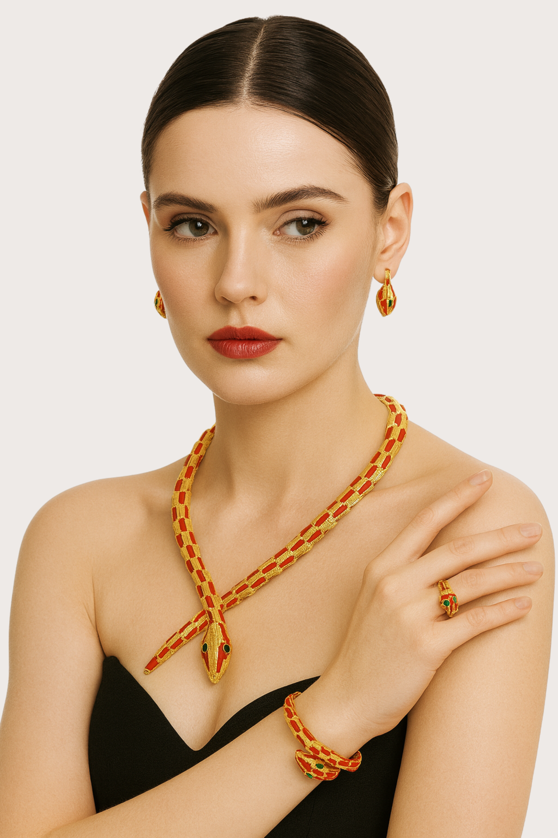Luxury Red-gold Green Stone Jewelry in Necklace, Bracelet, Ring, and Earrings Set