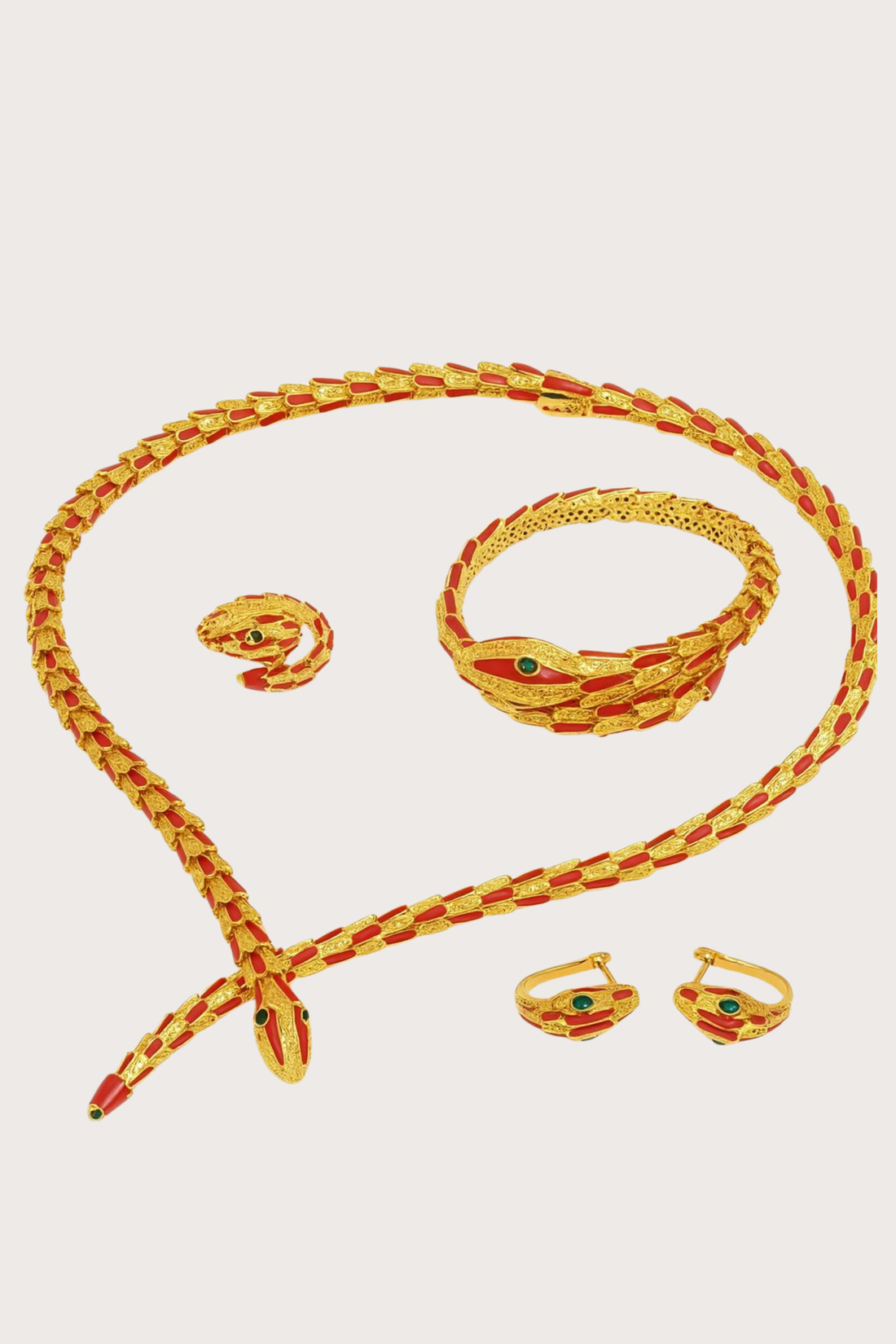 Luxury Red-gold Green Stone Jewelry in Necklace, Bracelet, Ring, and Earrings Set