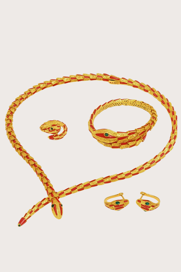 Luxury Red-gold Green Stone Jewelry in Necklace, Bracelet, Ring, and Earrings Set
