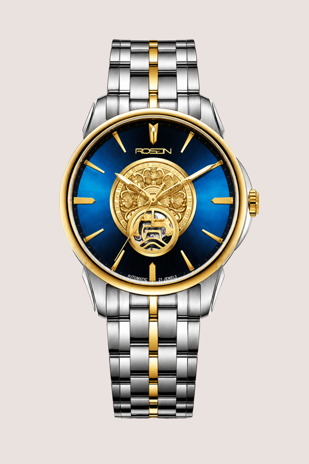 Imperial ROSDN Two‑Tone Silver Blue Skeleton Watch