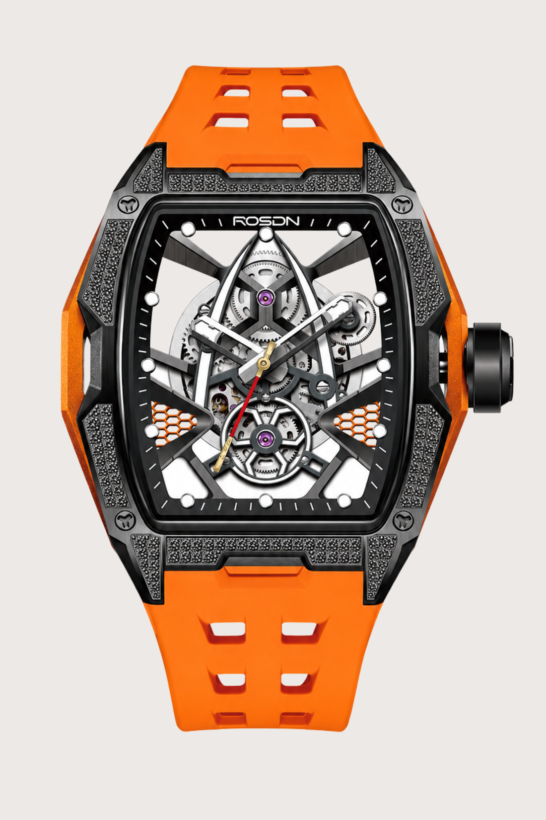 Luxury Frosted Orange G2710 Series High Quality Barrel Shape Silicone Band Automatic Mechanical ROSDN Watch