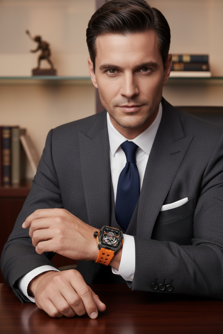Luxury Frosted Orange G2710 Series High Quality Barrel Shape Silicone Band Automatic Mechanical ROSDN Watch
