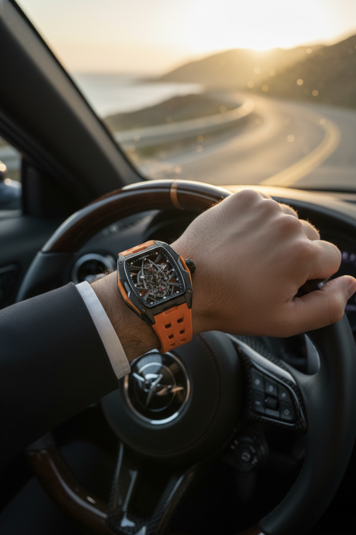 Luxury Frosted Orange G2710 Series High Quality Barrel Shape Silicone Band Automatic Mechanical ROSDN Watch