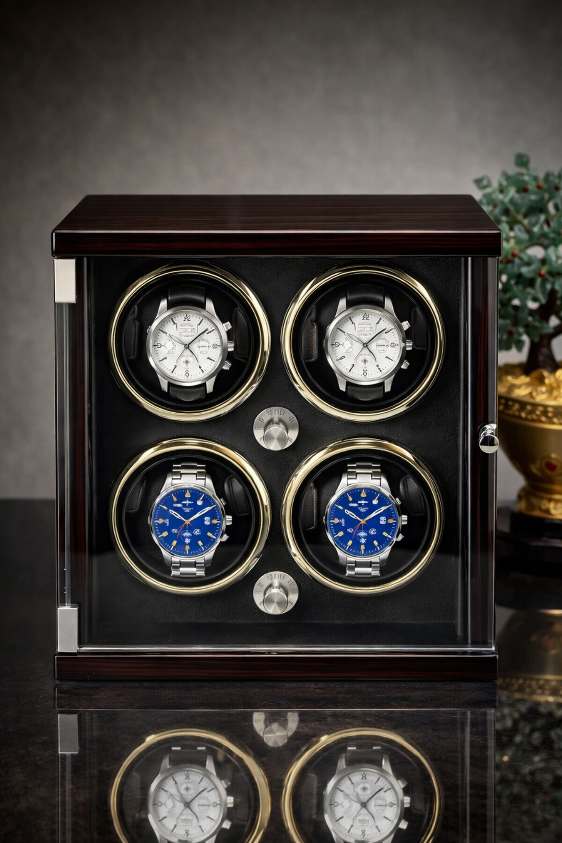 Luxury Glossy Black with Silver Accents 4-Slot Automatic Watch Winder Box