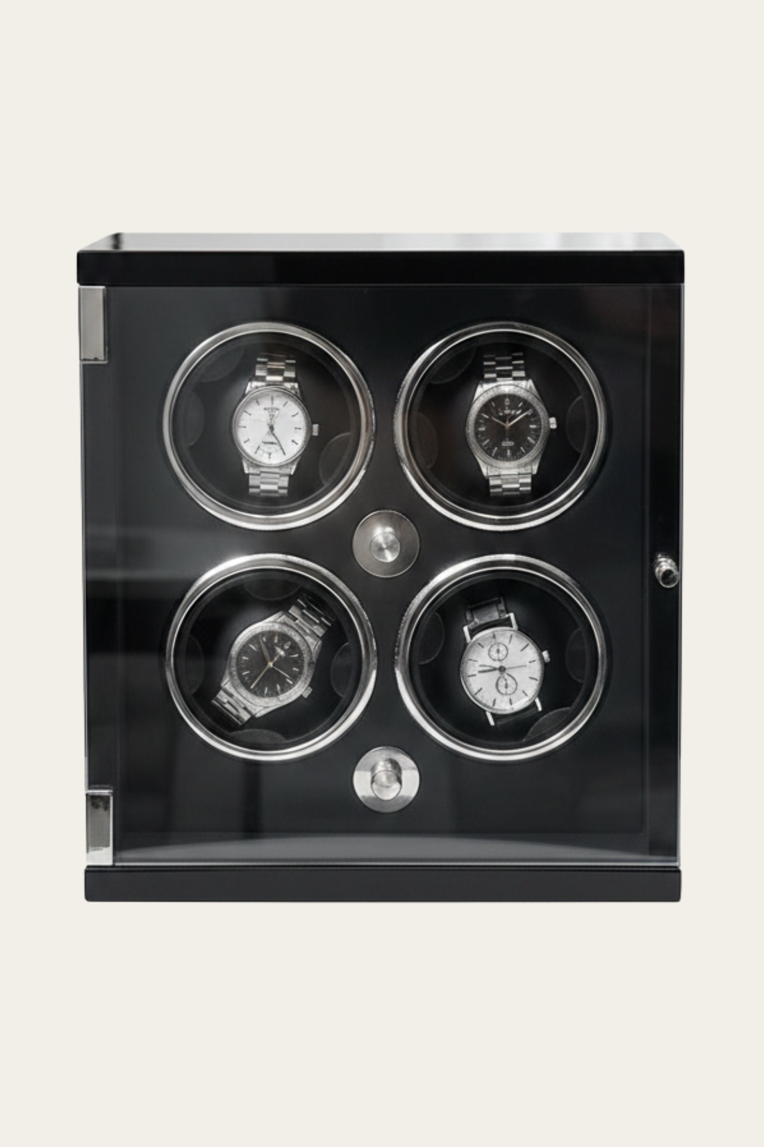 Luxury Glossy Black with Silver Accents 4-Slot Automatic Watch Winder Box