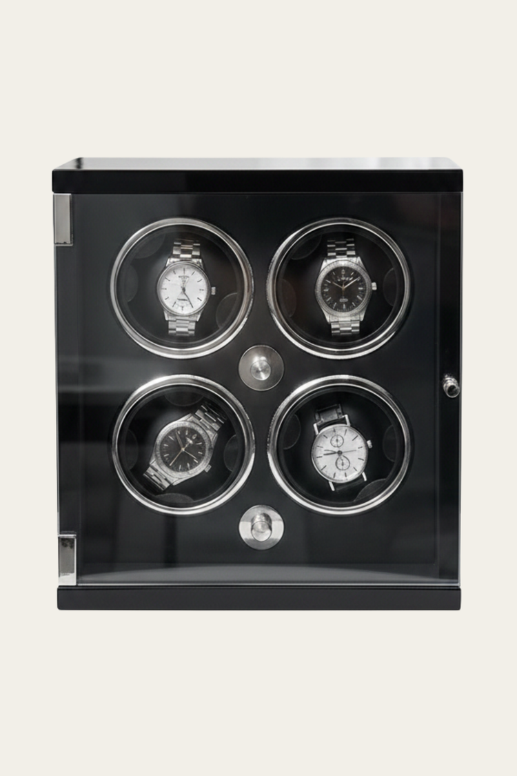 Luxury Glossy Black with Silver Accents 4-Slot Automatic Watch Winder Box