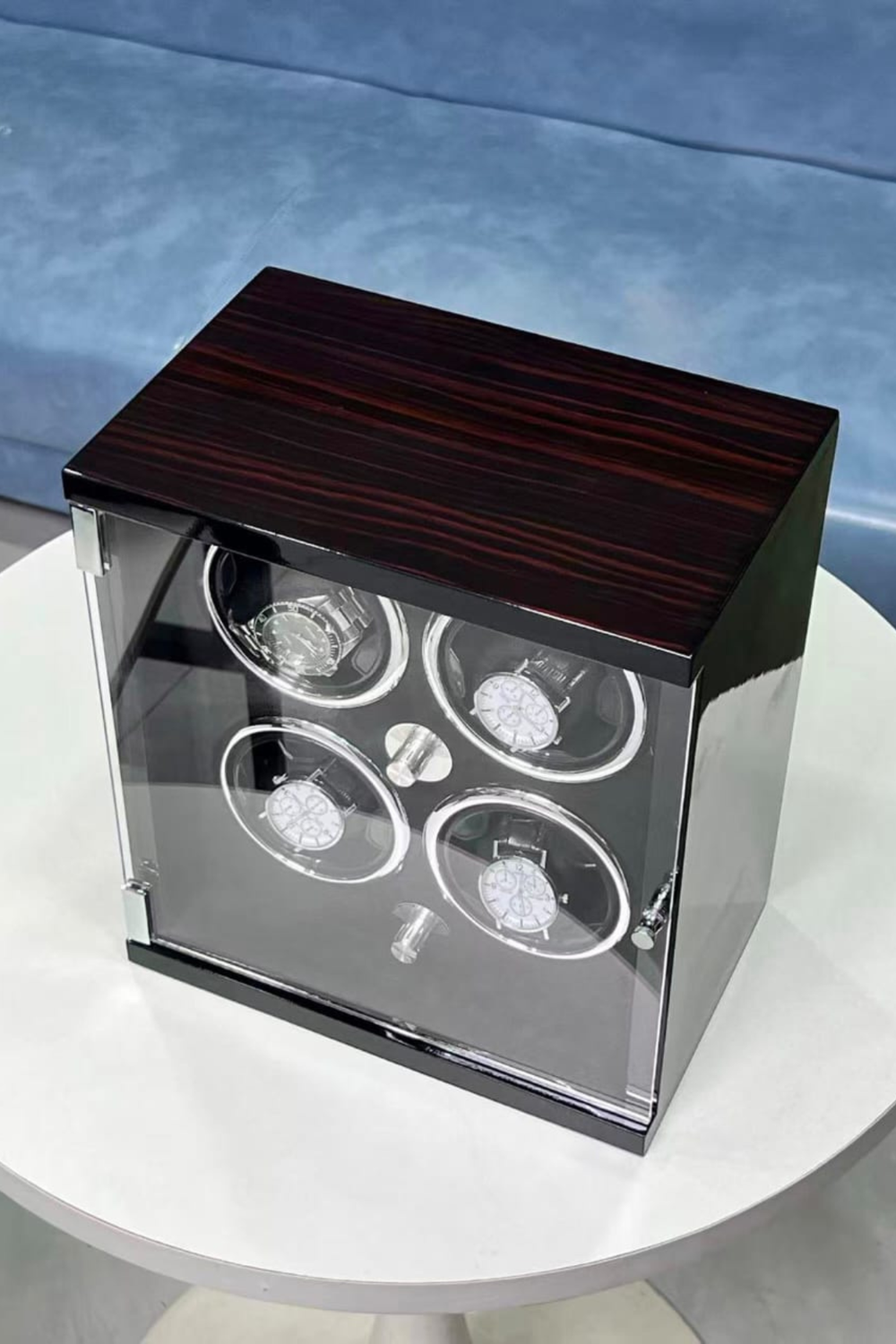 Luxury Glossy Black with Silver Accents 4-Slot Automatic Watch Winder Box