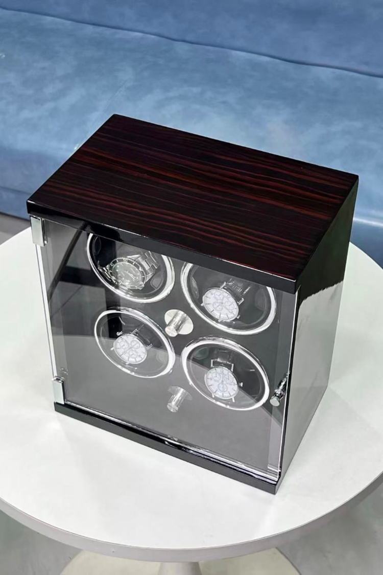 Luxury Glossy Black with Silver Accents 4-Slot Automatic Watch Winder Box