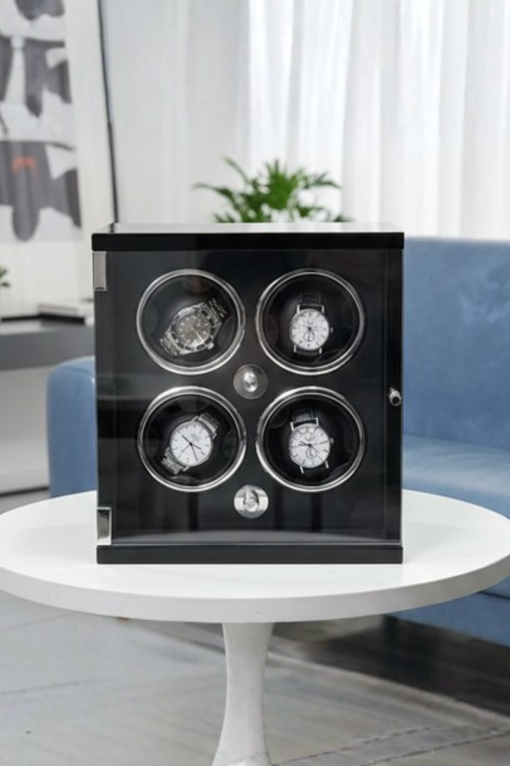 Luxury Glossy Black with Silver Accents 4-Slot Automatic Watch Winder Box