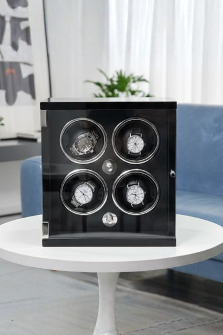 Luxury Glossy Black with Silver Accents 4-Slot Automatic Watch Winder Box